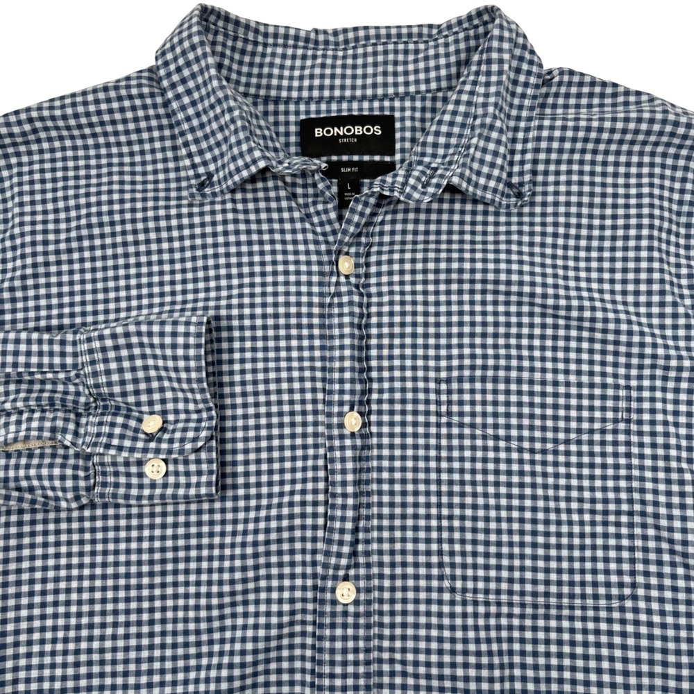Bonobos Men L Slim Fit Button Down Shirt Blue Gingham Stretch Long Sleeve OFFICE
